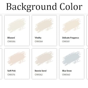 以下が含まれることがあります： 「Background Color」と題されたカラーパレット。10色のペイント見本が並んでいます。各見本は、対応する名前とコードが付いた色の筆致を表示しています。色は、Malt Yellow、Blizzard、Vitality、Delicate Fragrance、Ivory Whiteなどです。