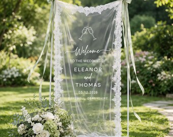 Wedding Welcome Sign Tapestry, Personalized Wedding Banner, Sheer Lace Wedding Backdrop, Custom Names Wedding Ceremony Decor Sign