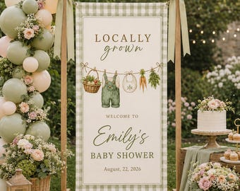 Personalized Locally Grown Baby Shower Sign, Custom Garden Theme Welcome Banner, Green Gingham Farm Baby Shower Decor with Name Date