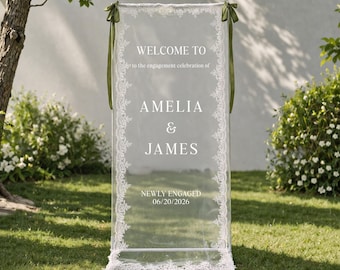 Engagement Party Welcome Sign Tapestry, Personalized Engagement Banner, Sheer Lace Engagement Decor, Custom Names Wedding Party Backdrop