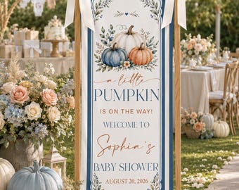 Personalized Little Pumpkin Baby Shower Banner, Custom Fall Welcome Sign, Blue Striped Party Backdrop, Autumn Shower Decor