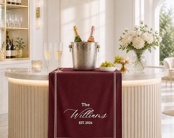 Personalized Wedding Bar Runner, Custom Wedding Table Decor, Elegant Cocktail Bar Runner, Burgundy Reception Decor, Cheers Wedding Sign