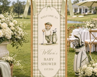 Personalized Golf Teddy Bear Baby Shower Banner, Custom Name Welcome Sign, Sage Green Plaid Fabric Backdrop, Little Golfer Party Decor