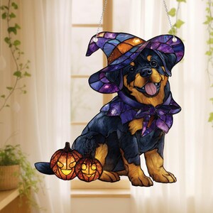 Halloween Rottweiler Acrylic Window Hanging: Witch Dog, Pumpkin Decor