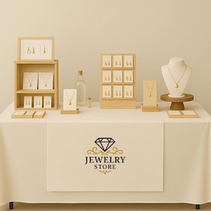 May include: A display of gold jewelry, including necklaces and earrings, arranged on wooden stands and in a wooden display case. The jewelry is presented on a white table with a "Jewelry Store" logo.