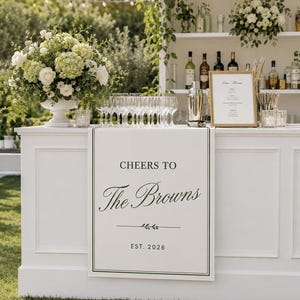 Personalized Wedding Bar Sign Banner, Cheers To The Browns Custom Linen Table Runner, Elegant Reception Drink Station Decor