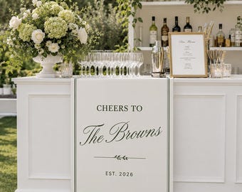 Personalized Wedding Bar Sign Banner, Cheers To The Browns Custom Linen Table Runner, Elegant Reception Drink Station Decor
