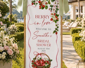 Berry in Love Bridal Shower Welcome Sign Banner, Strawberry Garden Party Backdrop, Personalized Floral Linen Sign