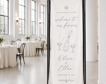 Personalized Wedding Welcome Banner, Custom Linen Fabric Sign, Champagne Celebration Decor, Ceremony Sign, Couple Names and Date