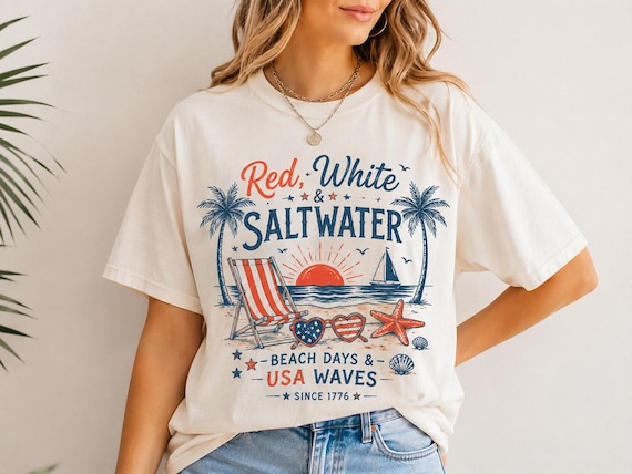 Red White & Saltwater Shirt, Patriotic Beach Tee, USA Summer Vacation Shirt, Coastal Americana Graphic Tee, Fourth of July Beach Shirt
