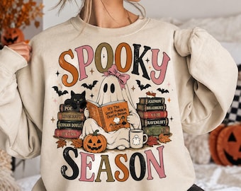 Spooky Season Ghost Reading Sweatshirt, Halloween Book Lover Shirt, Cute Ghost Pumpkin Graphic Crewneck, Fall Reading Sweatshirt