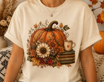 Pumpkin Season Shirt, Fall Pumpkin Tee, Autumn Floral Pumpkin Shirt, Cozy Book Lover Gift, Thanksgiving Shirt, Women's Fall Tee
