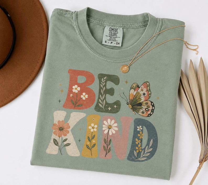 May include: A sage green short-sleeve t-shirt featuring the text BE KIND in large, colorful block letters. The letters are decorated with floral illustrations and a butterfly graphic. The shirt has a Comfort Colors brand label at the neck.