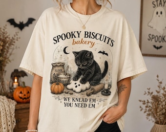 Spooky Biscuits Bakery Shirt, Black Cat Halloween Tee, Cute Ghost Cookie Cat Shirt, Funny Halloween Cat Gift, Comfort Colors Tee