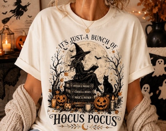 Vintage Witch Halloween Shirt, Witch Reading Book Tee, Black Cat Pumpkin Shirt, Spooky Season Comfort Colors Tee