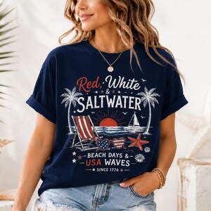 Red White & Saltwater Shirt, Patriotic Beach Tee, USA Summer Vacation Shirt, Coastal Americana Graphic Tee, Fourth of July Beach Shirt image 3