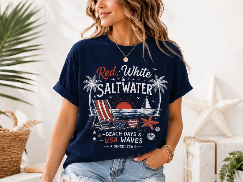 Red White & Saltwater Shirt, Patriotic Beach Tee, USA Summer Vacation Shirt, Coastal Americana Graphic Tee, Fourth of July Beach Shirt image 3