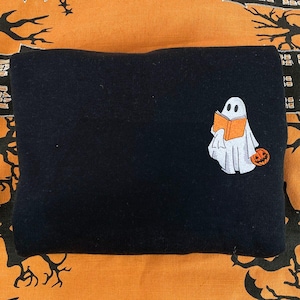 Embroidered Ghost Reading Book Sweatshirt, Spooky Fall Sweatshirt, Cute Ghost Shirt, Halloween Embroidered Sweatshirt