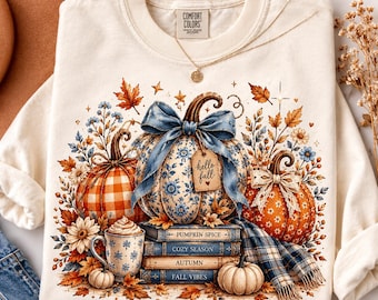 Fall Pumpkin Shirt, Blue Floral Pumpkin Bow Tee, Pumpkin Spice Autumn Shirt, Cozy Fall Comfort Colors T-Shirt, Thanksgiving Gift