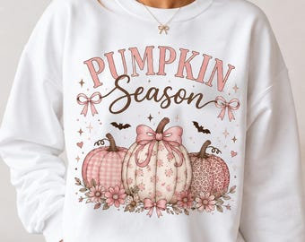 Coquette Pumpkin Sweatshirt, Floral Pumpkin Sweatshirt, Cute Halloween Sweatshirt, Pink Bow Pumpkin Shirt, Pumpkin Season
