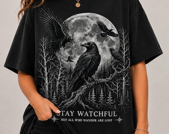 Raven Moon Forest Shirt, Stay Watchful Crow Graphic Tee, Gothic Nature Comfort Colors T-Shirt, Dark Academia Bird Lover Gift