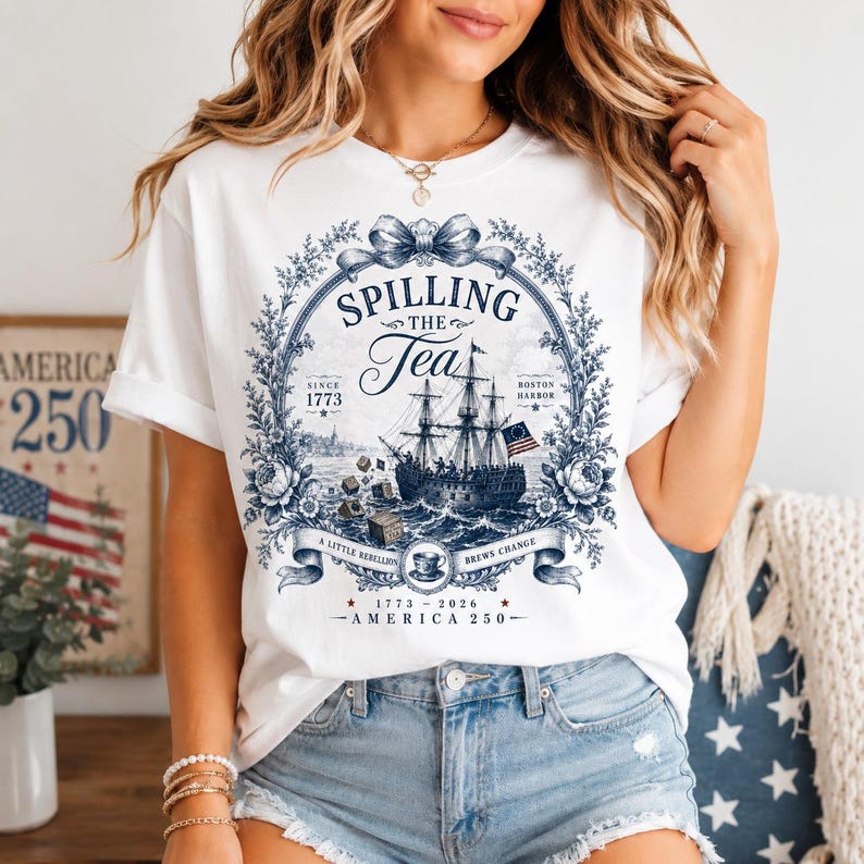Spilling The Tea Since 1773 Shirt, America 250 Tee, Boston Tea Party Shirt, Patriotic Vintage Graphic Tee, 4th of July Comfort Colors Shirt image 2