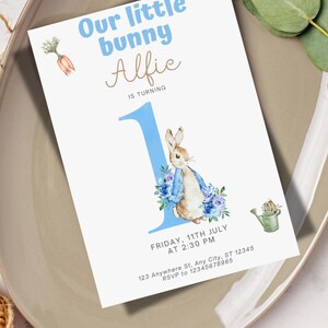 Peter Rabbit First Birthday Invitation | Editable Boy Bunny Invite | 1st Birthday | Instant Download | Canva Template | Blue Bunny Party