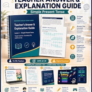 May include: A FetyBits Teacher Answer & Explanation Guide for Simple Present Tense, featuring a spiral-bound book, a 10-page guide, and a complete lesson kit. Includes interactive slides, grammar worksheets, and a Grammar Galaxy game for ESL teachers.