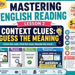 Może przedstawiać: Zestaw edukacyjny 5 w 1 zatytułowany Mastering English Reading Lesson 2 Context Clues: Guess the Meaning. Zawiera slajdy PowerPoint, zeszyt ćwiczeń dla ucznia, przewodnik dla nauczyciela, interaktywną grę HTML oraz dodatkowe materiały.