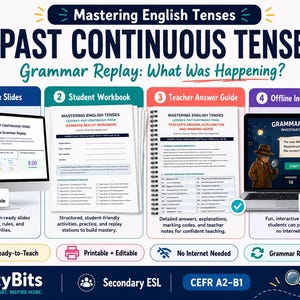 Op de afbeelding: Een digitaal educatief pakket voor het onderwijzen van de Past Continuous, inclusief bewerkbare PowerPoint-dia's, een printbaar werkboek, een docentenhandleiding en een offline HTML5 interactief spel met een detective-thema.
