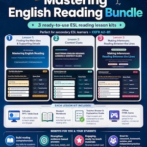 May include: A digital educational bundle titled Mastering English Reading Bundle by FetyBits ESL Series. It features three lesson kits covering main ideas, context clues, and inferences, including slide decks, workbooks, guides, and HTML games.