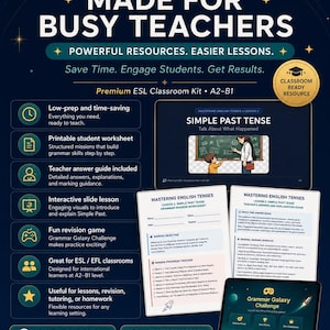 Pode incluir: Um kit educacional digital FetyBits Made for Busy Teachers, incluindo um pacote premium de ESL para níveis A2-B1. Contém uma folha de exercícios sobre o passado simples, um guia de respostas para o professor e uma interface de jogo Grammar Galaxy.