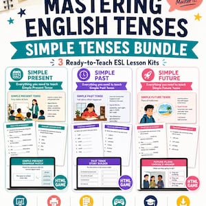 May include: A digital educational bundle titled Mastering English Tenses Simple Tenses Bundle by FetyBits. It includes three ESL lesson kits for Simple Present, Past, and Future tenses, featuring worksheets, answer keys, and HTML games.