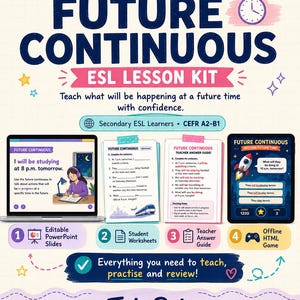 May include: An educational lesson kit titled Mastering English Tenses Future Continuous ESL Lesson Kit. It includes PowerPoint slides, student worksheets, a teacher answer guide, and an offline HTML game for secondary ESL learners at CEFR A2-B1 level.
