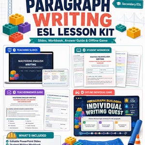 Op de afbeelding: Een educatieve ESL-leskit getiteld Paragraph Writing met lesdia's, een werkboek voor studenten, een antwoordenboek en een offline spel. De kit bevat kleurrijke bouwstenen, een blauwdruk en een potlood op een witte achtergrond.