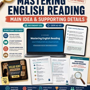 Könnte beinhalten: Ein ESL-Unterrichtspaket mit dem Titel Mastering English Reading: Main Idea & Supporting Details. Enthält Laptop, Tablet, Arbeitsblätter und Lehrerhandbuch. Mit Detektiv-Grafiken, Lupe und Text: Read. Investigate. Find the evidence.