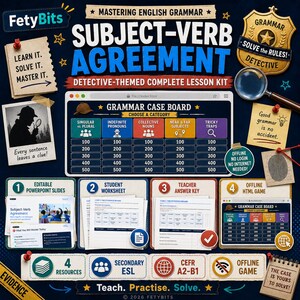 Può includere: Un kit didattico a tema investigativo sull'accordo soggetto-verbo di FetyBits. Include un tabellone di gioco digitale, diapositive PowerPoint, schede per studenti e chiavi di risposta. Presenta una lente d'ingrandimento, distintivo e appunti.