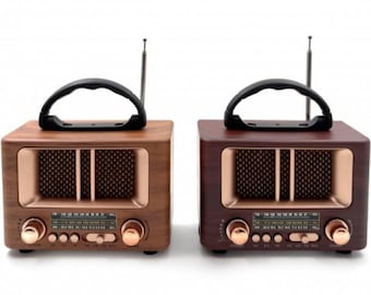 Radio retro de madera: pequeño altavoz Bluetooth de estilo vintage con USB/SD y carga solar. Radio portátil nostálgica.