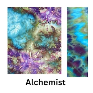 May include: A fabric swatch labeled Alchemist featuring a tie-dye pattern with vibrant swirls of turquoise, deep purple, and earthy brown tones. The textile displays a complex, blended color effect with organic shapes and soft, diffused edges.