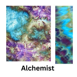May include: A fabric swatch labeled Alchemist featuring a tie-dye pattern with vibrant swirls of turquoise, deep purple, and earthy brown tones. The textile displays a complex, blended color effect with organic shapes and soft, diffused edges.