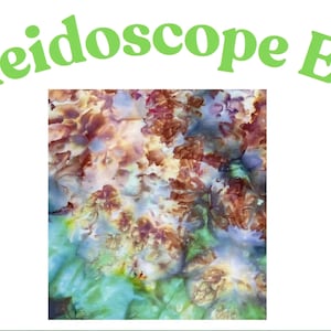 May include: A square graphic print featuring a swirling abstract pattern of blended rust, brown, cream, and teal colors. Above the square, the text Kaleidoscope Eyes is written in a light green, sans-serif font with a slight upward arching curve.