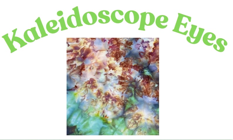 May include: A square graphic print featuring a swirling abstract pattern of blended rust, brown, cream, and teal colors. Above the square, the text Kaleidoscope Eyes is written in a light green, sans-serif font with a slight upward arching curve.