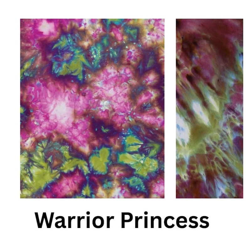 May include: A fabric swatch featuring a tie-dye pattern with vibrant shades of magenta, lime green, deep purple, and white. The design displays organic, cloud-like shapes and blended color transitions. The text Warrior Princess is printed below.