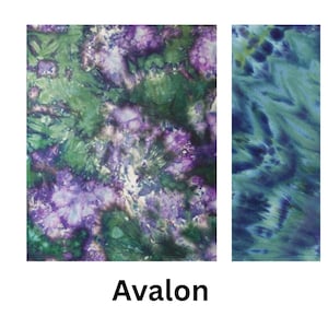 May include: Two rectangular fabric swatches featuring a tie-dye pattern. The larger square swatch displays a blend of deep purple, forest green, and white. The smaller vertical swatch shows a mix of blue, teal, and purple. The text Avalon is below.