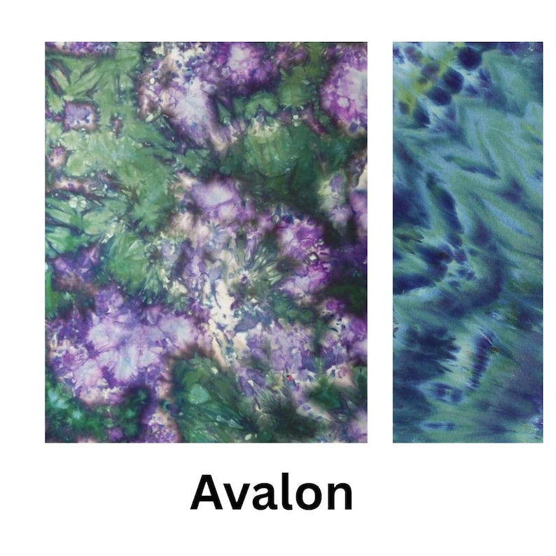 May include: Two rectangular fabric swatches featuring a tie-dye pattern. The larger square swatch displays a blend of deep purple, forest green, and white. The smaller vertical swatch shows a mix of blue, teal, and purple. The text Avalon is below.