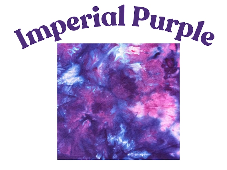 May include: A square fabric swatch featuring a tie-dye pattern in shades of deep purple, magenta, and white. The text 'Imperial Purple' is printed in a bold, dark purple font in an arc shape above the square fabric sample.