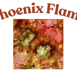 May include: A square fabric swatch featuring a marbled pattern in shades of deep red, burnt orange, golden yellow, and olive green. The text Phoenix Flame is printed in a bold, dark brown font in an arc above the square fabric sample.