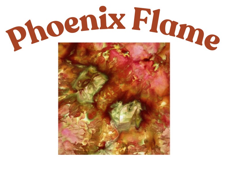 May include: A square fabric swatch featuring a marbled pattern in shades of deep red, burnt orange, golden yellow, and olive green. The text Phoenix Flame is printed in a bold, dark brown font in an arc above the square fabric sample.