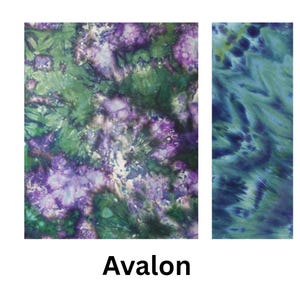 May include: Two rectangular fabric swatches featuring a tie-dye pattern. The larger square swatch displays a blend of deep purple, forest green, and white. The smaller vertical swatch shows a mix of blue, teal, and purple. The text Avalon is below.