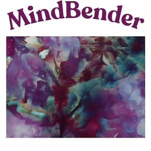 May include: A rectangular fabric swatch featuring an abstract watercolor-style pattern in shades of deep purple, magenta, teal, and blue. The word MindBender is printed in a dark purple, arched font above the colorful, blended design.